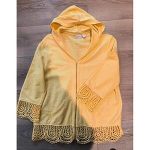 Zenergy by Chicos Yellow Crochet Lace Trim Zip Up Hoodie Jacket Cotton Sz 1 (8)
